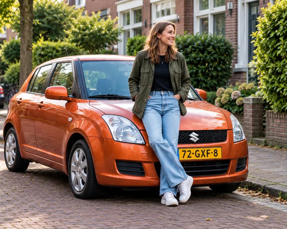 Een autobezitter naast haar oranje Swift in een woonwijk